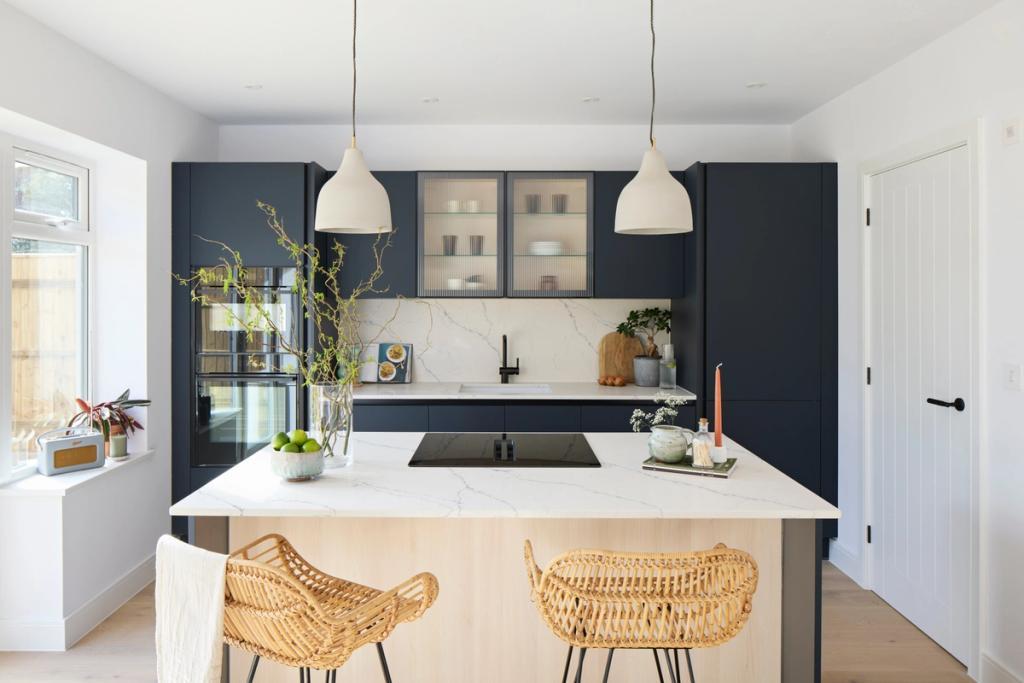 Handleless indigo kitchen with feature glazed doors